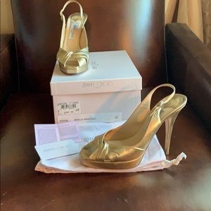 Jimmy Choo gold platform sandals. 120mm, 40/10